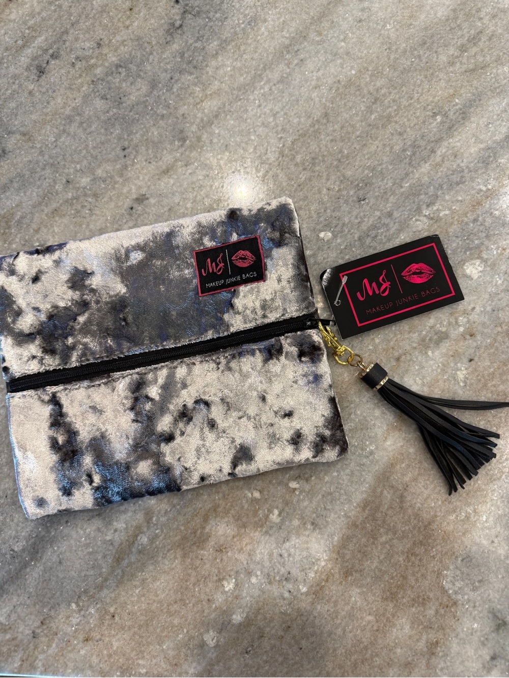 MAKEUP JUNKIE BAGS Silver crushed Velvet Cosmetic Pouch with Black Tassel